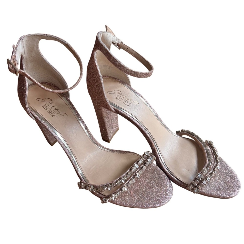 $129 Jewel BADLEY MISCHKA Rhinestone Glitter Sandals Pink Block‎ Heel SZ 9.5 EUC
